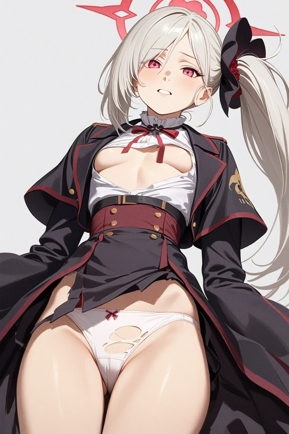 best quality, amazing quality, very aesthetic, absurdres, (1girl, mutsuki, blue archive, solo, red eyes, white hair, side ponytail), (realistic), (sex, torn skirt, lie down, panties), (cowboy shot), (glowing eyes:1.2), (half closed eyes:0.9), (thigh), 4k, extremely detailed eyes, perfect anatomy, light rays, extremely delicate body, smooth skin, (gray background:1.5), clear eyes, beautiful face, small breasts, (Chiaroscuro:1.5), (highres:1.8), cinematic