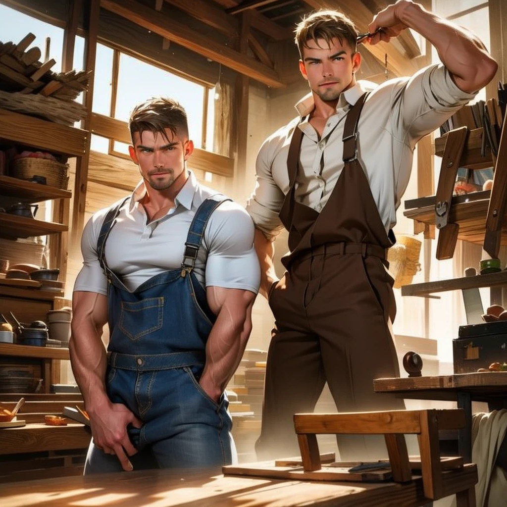 masterpiece, best quality, face, natural eyes, 1man, macho man,, muscled and mature, stephen amell as a carpenter wearing totally unbuttoned overall, sweating, tight cloth showing his muscles and bulge , full body , background wood workshop , woodwork of chairs  , tools , wood parts , volumetric dynamic bright  light .....