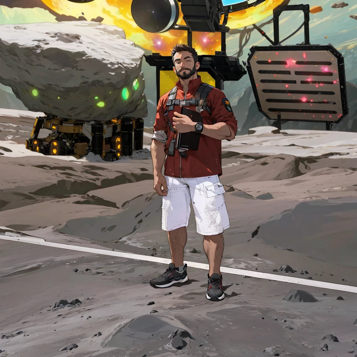 Draw a young programmer, sitting on a research platform floating in the middle of an asteroid belt. He is studying with a notebook, surrounded by several asteroids glowing with fiery auras. Dramatic lighting from distant stars and planets illuminates the scene, casting deep shadows on the suit. The young man looks confident and determined, looking at the vast and mysterious universe with wonder and respect,facial hair, cowboy shot,
