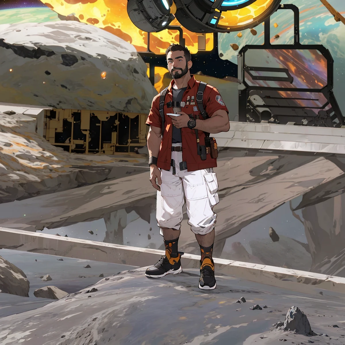 Draw a young programmer, sitting on a research platform floating in the middle of an asteroid belt. He is studying with a notebook, surrounded by several asteroids glowing with fiery auras. Dramatic lighting from distant stars and planets illuminates the scene, casting deep shadows on the suit. The young man looks confident and determined, looking at the vast and mysterious universe with wonder and respect,facial hair, cowboy shot,