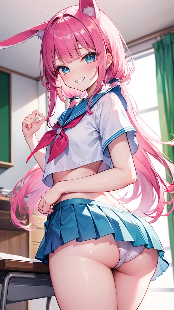 (8K、Best image quality、Highest quality、masterpiece)、Detailed face、1 Girl、Pink Hair、Long Hair、Twin tails、Blunt bangs、Bright Blue Eyes、((Wicked Little))、((Grin))、Mid-chest、Short sleeve、White shirt、((thong in light blue))、Black pleated skirt、((Bukabuka panties))、((Skirt flip))、Stand and take a photo from below、((Classroom Background))、((Browsing Caution))、Bunny ears