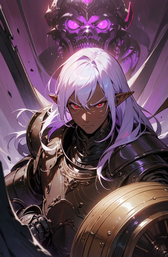 masterpiece, best quality, ultra high res, dark theme, 1boy, (dungeonpunk armor), (mechanical steampunk armor), (wearing armor), fantasy illustration, dark skinned, human, upper body, portrait, red eyes, long white hair, half-drow, pointy ears, serious face, young man, dramatic lighting, purple hue, art by Kinema Citrus