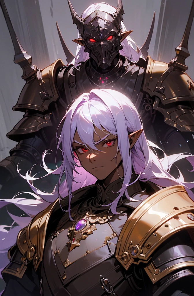masterpiece, best quality, ultra high res, dark theme, 1boy, (dungeonpunk armor), (mechanical steampunk armor), (wearing armor), fantasy illustration, dark skinned, human, upper body, portrait, red eyes, long white hair, half-drow, pointy ears, serious face, young man, dramatic lighting, purple hue, art by Kinema Citrus