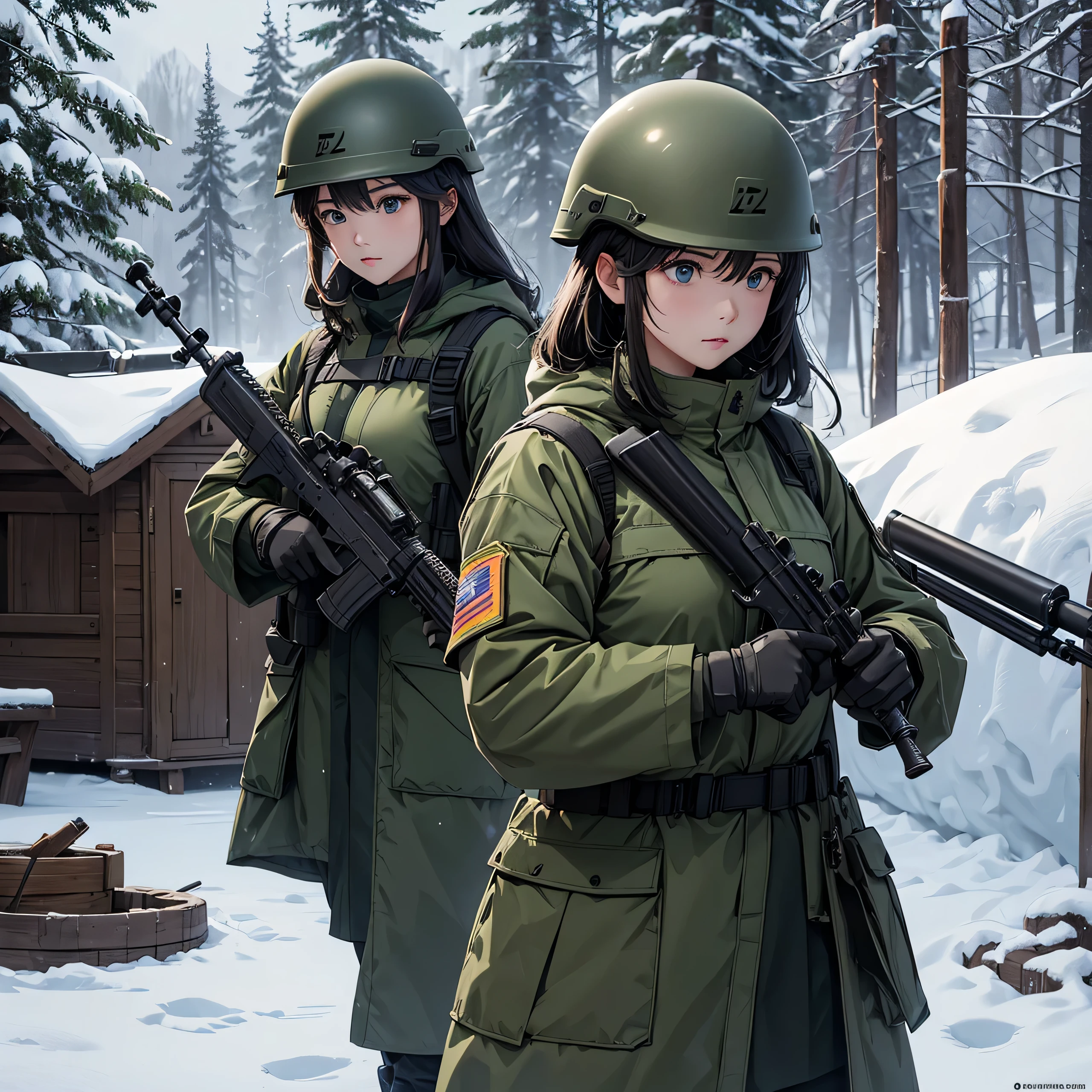 A group of female soldiers wearing dark green thick coats、Wearing a helmet、Magazine Pouch、All guards with guns、In the snowy camp、Write details、masterpiece、best quality、Highly detailed CG、8K picture quality