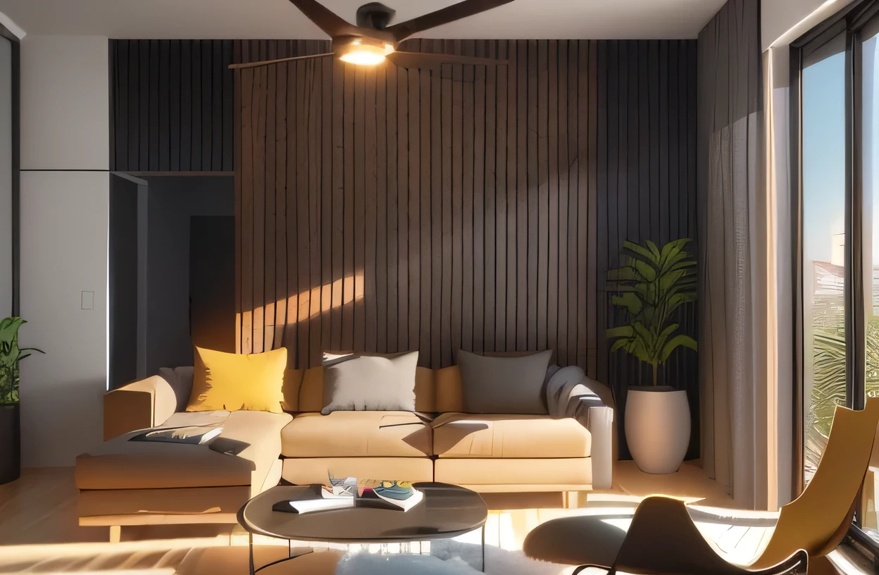 arafed view of a living room with a couch and a fan, black vertical slatted timber, interior living room, very realistic 3 d render, realistic 3 d style, interior of a living room, with vray, hyper realistic style, ambient occlusion render, smooth panelling, modern minimalist f 2 0, 3 d vray render