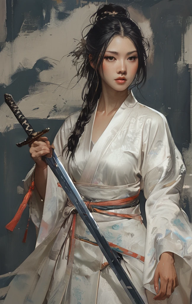 a close up of a woman with a sword in a white dress, a character portrait by Yang J, trending on cgsociety, fantasy art, beautiful character painting, artwork in the style of guweiz, guweiz, white hanfu, flowing white robes, full body wuxia, epic exquisite character art, stunning character art, beautiful female assassin