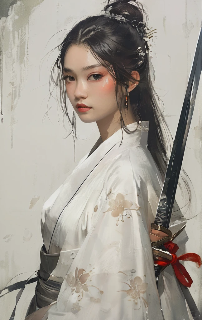 a close up of a woman with a sword in a white dress, a character portrait by Yang J, trending on cgsociety, fantasy art, beautiful character painting, artwork in the style of guweiz, guweiz, white hanfu, flowing white robes, full body wuxia, epic exquisite character art, stunning character art, beautiful female assassin