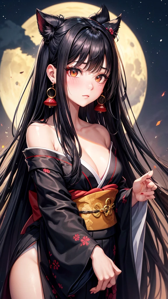 A highly detailed 8k image of a woman with long black hair, characterized by its silky texture. She has brown eyes adorned with red eyeshadow and a small beauty mark under her left eye. Her cheeks have a light blush, and she wears rouge lipstick. The woman is dressed in a black yukata with polka dot patterns and a red obi, with her shoulders slightly exposed. She has earrings on her ears. The scene is set in the twilight, with the moon peeking through. The lighting is reminiscent of a movie scene.