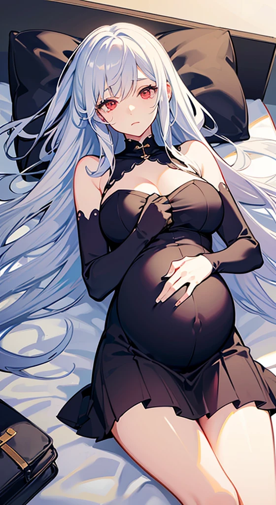 one pregnant anime girl with white hair and red eyes, chained and laying on a bed. Sad. breast feeding