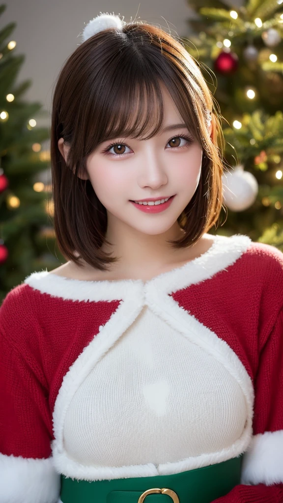 masutepiece, Best Quality, Illustration, Ultra-detailed, finely detail, hight resolution, 8K Wallpaper, Perfect dynamic composition, Beautiful detailed eyes, Long sleeve knit with shoulder extension,Bob Hair, mid-chest, Natural Color Lip, Random and sexy poses,Smile,20 years girl, Xmas Tree,Xmas Party,Santa Claus Costume:1.2,