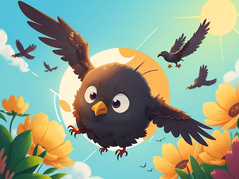 A flying crow，close up，sun，Sky，cartoon，illustration