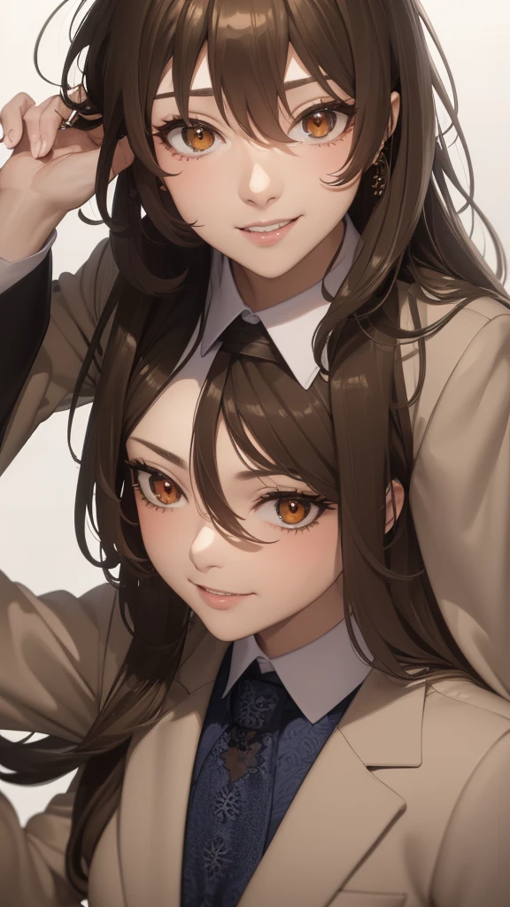 masutepiece, Best Quality, Photorealistic, Ultra-detailed, finely detail, High resolution, 8K Wallpaper, 1 beautiful woman,, light brown messy hair, in a business suit, foco nítido, Perfect dynamic composition, Beautiful detailed eyes, detailed hairs, Detailed realistic skin texture, Smiling, Close-up portrait, Model body type