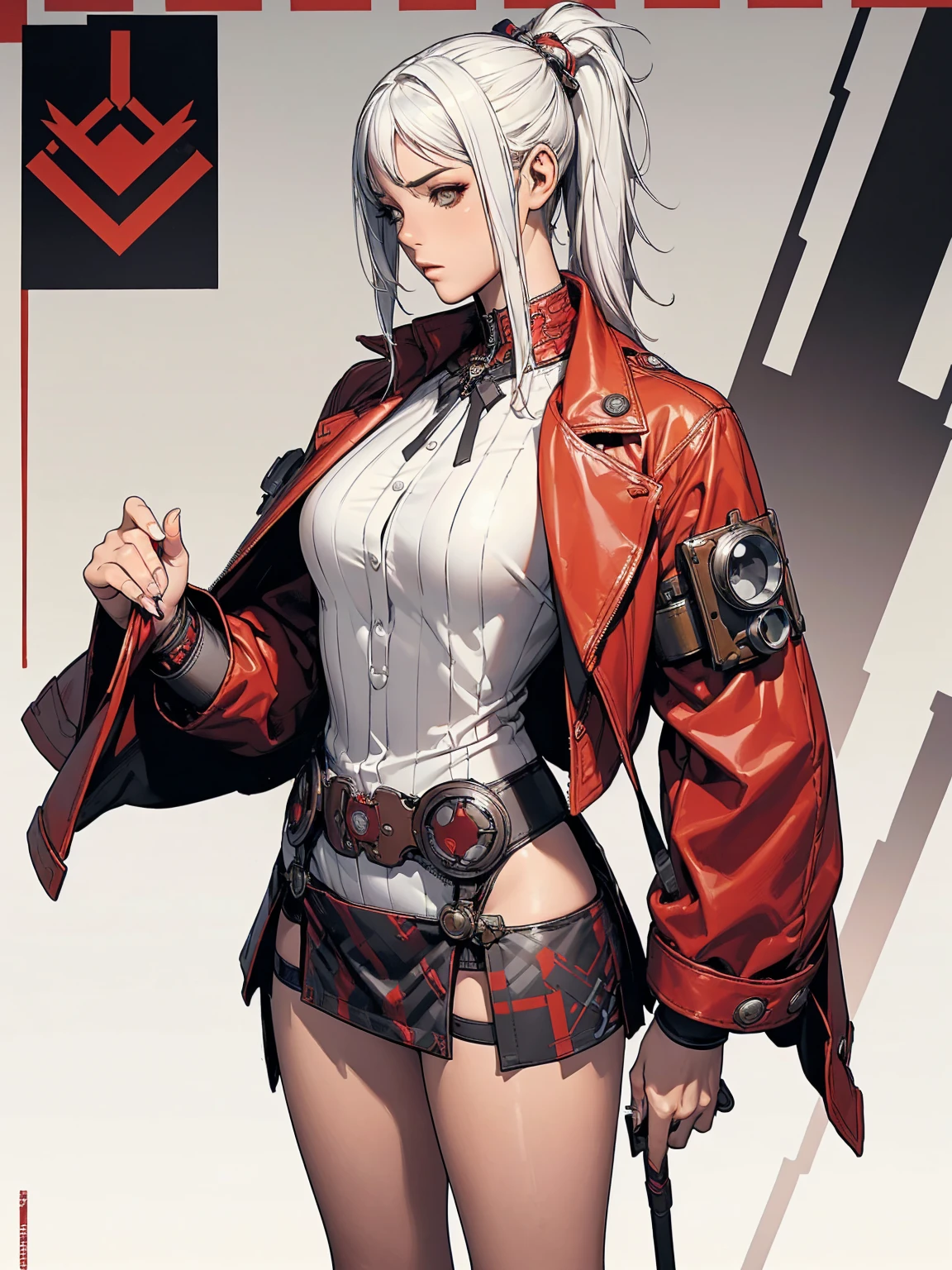 (((Woman))), (((best qualityer))), (((​masterpiece))), (((grown-up))), (((1 girl))), (((cyber punk/dieselpunk/Steampunk))), ((( White hair ))), (((plaid pattern))), (((samurai army))), (((tied hair))), (((texturas))), (((ink spatter))), (((grain))), Uma modelo cyber punk Woman de 18 anos com corpo perfeito, clean  face, ((( red jacket with red and white checkered sleeves ))), Black micro skirt showing tiny turquoise leather panties, fitted jacket with intricate textures, almost naked in Simon Bisley&#39;s wild urban style for the cover of Heavy Metal magazine, Spectacular colorful graphics, Minimal clothing, red futuristic jacket with checkered sleeves, (((from the knee up))), ((( colourful hair ))), Ao fundo, a wall painted with an intricate design, (((self-contrast of the character with the background))), Two-tone lighting, film grain
