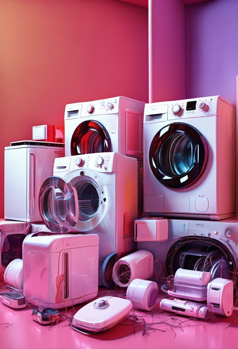A set of household appliances failing and the failure being explicitly noted , The image bursts with vibrant, soft tones, reminiscent of technology, specifically illuminated and focused on broken appliances