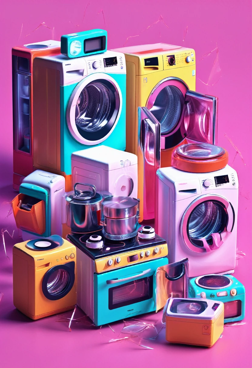 A set of household appliances failing and the failure being explicitly noted , The image bursts with vibrant, soft tones, reminiscent of technology, specifically illuminated and focused on broken appliances