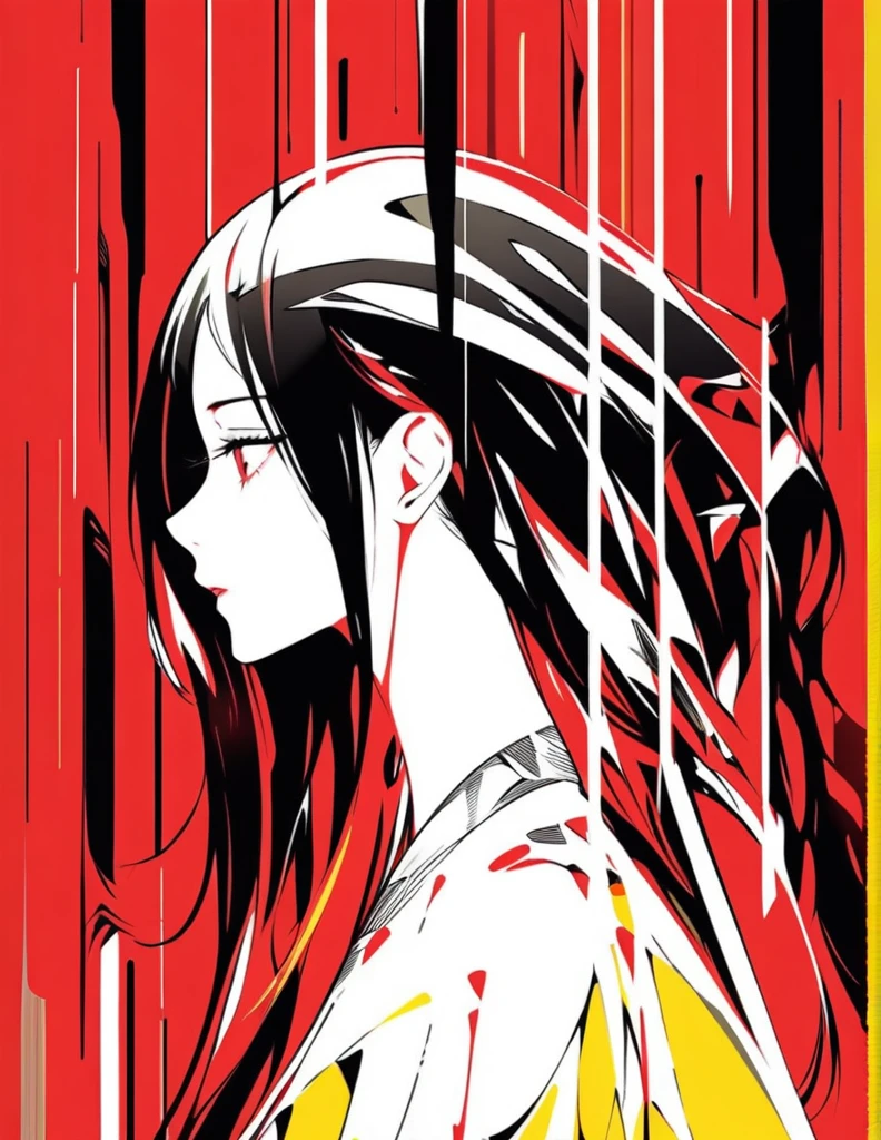 Illustrate an elegant stunning beautiful woman's face in profile using sleek white lines on a Red canvas 、alone, One girl, profile,Black Bob, profile, The background color is solid yellow,An illustration