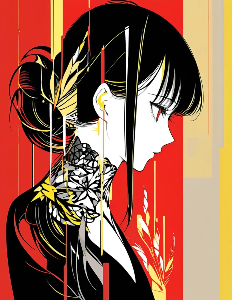 Illustrate an elegant stunning beautiful woman's face in profile using sleek white lines on a Red canvas 、alone, One girl, profile,Black Bob, profile, The background color is solid yellow,An illustration