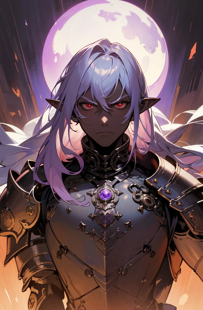 masterpiece, best quality, ultra high res, dark theme, 1boy, (dungeonpunk armor), (mechanical steampunk armor), (wearing armor), fantasy illustration, dark skinned, human, upper body, portrait, red eyes, long white hair, half-drow, pointy ears, serious face, young man, dramatic lighting, purple hue, art by Kinema Citrus