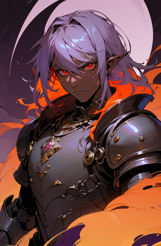 masterpiece, best quality, ultra high res, dark theme, 1boy, (dungeonpunk armor), (mechanical steampunk armor), (wearing armor), fantasy illustration, dark skinned, human, upper body, portrait, red eyes, long white hair, half-drow, pointy ears, serious face, young man, dramatic lighting, purple hue, art by Kinema Citrus
