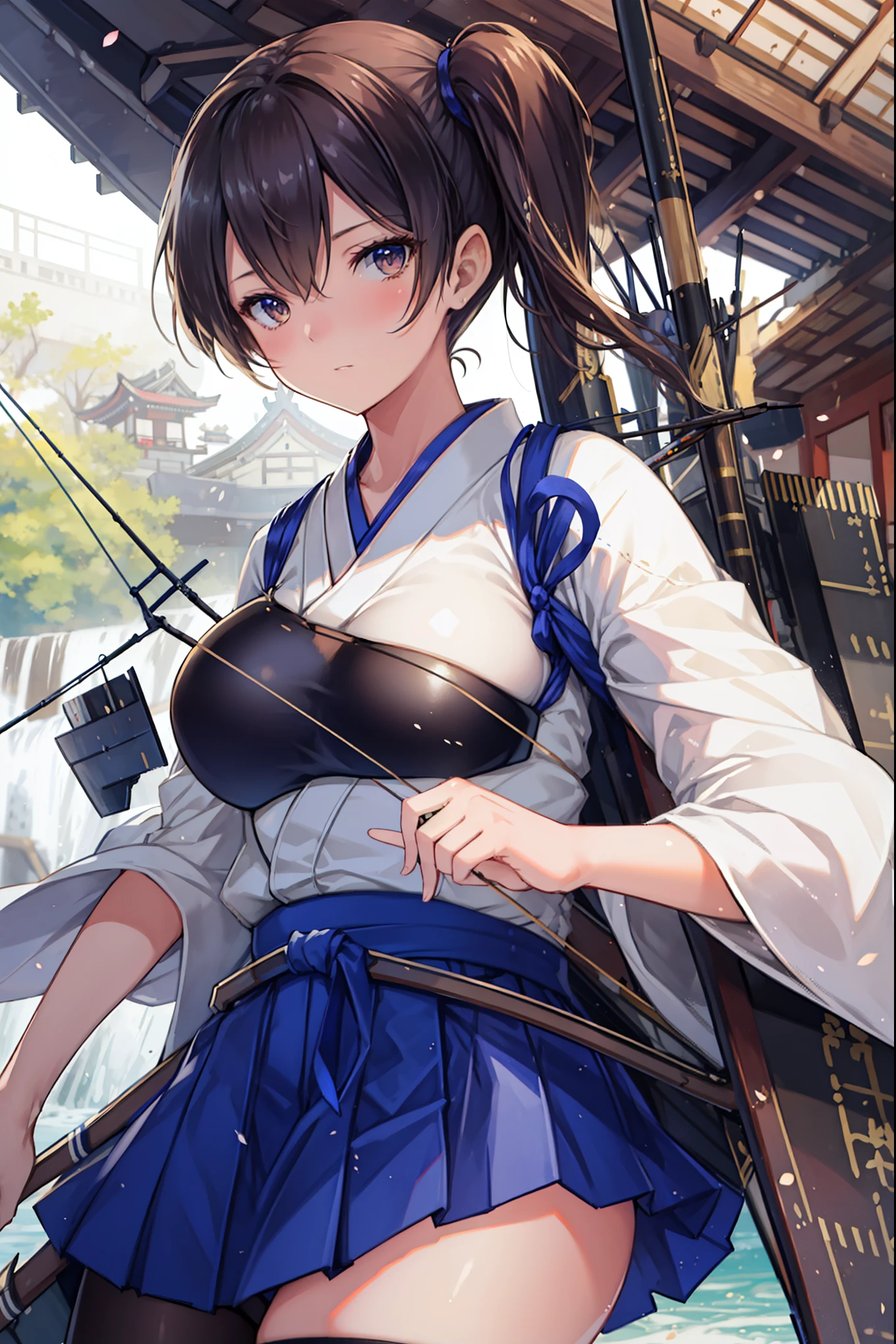 Kaga(Fleet Collection),highest quality, masterpiece, High resolution,kimono,blue skirt,side ponytail,big_breasts,solo,Japanese_bow&arrow,dynamic_posing,half_eyes,solo,plump,