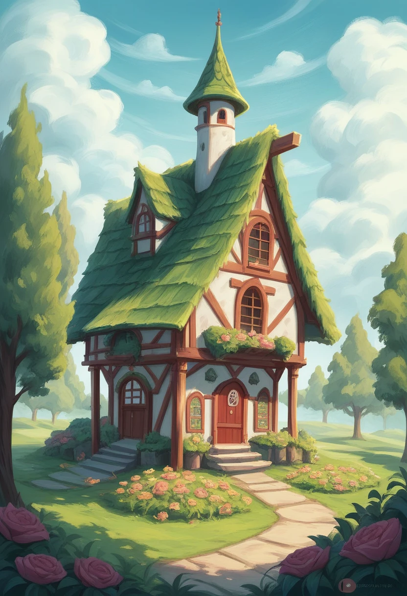 painting of a house with a tree and flowers in front, flower hut, fantasy house, kinkade shots, Kerem's pairing, full of colors and rich details, andy park, whimsical art, intricate oil painting illustrations, intricate beautiful painting, whimsical fantasy landscape art, very detailed painting of antiquity, intricate fantasy painting, by Andrei Riabovichev