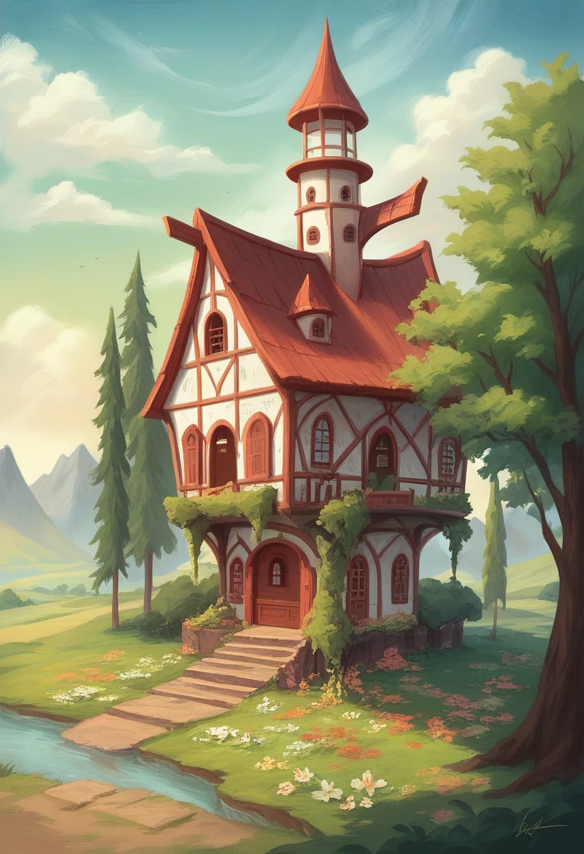 painting of a house with a tree and flowers in front, flower hut, fantasy house, kinkade shots, Kerem's pairing, full of colors and rich details, andy park, whimsical art, intricate oil painting illustrations, intricate beautiful painting, whimsical fantasy landscape art, very detailed painting of antiquity, intricate fantasy painting, by Andrei Riabovichev