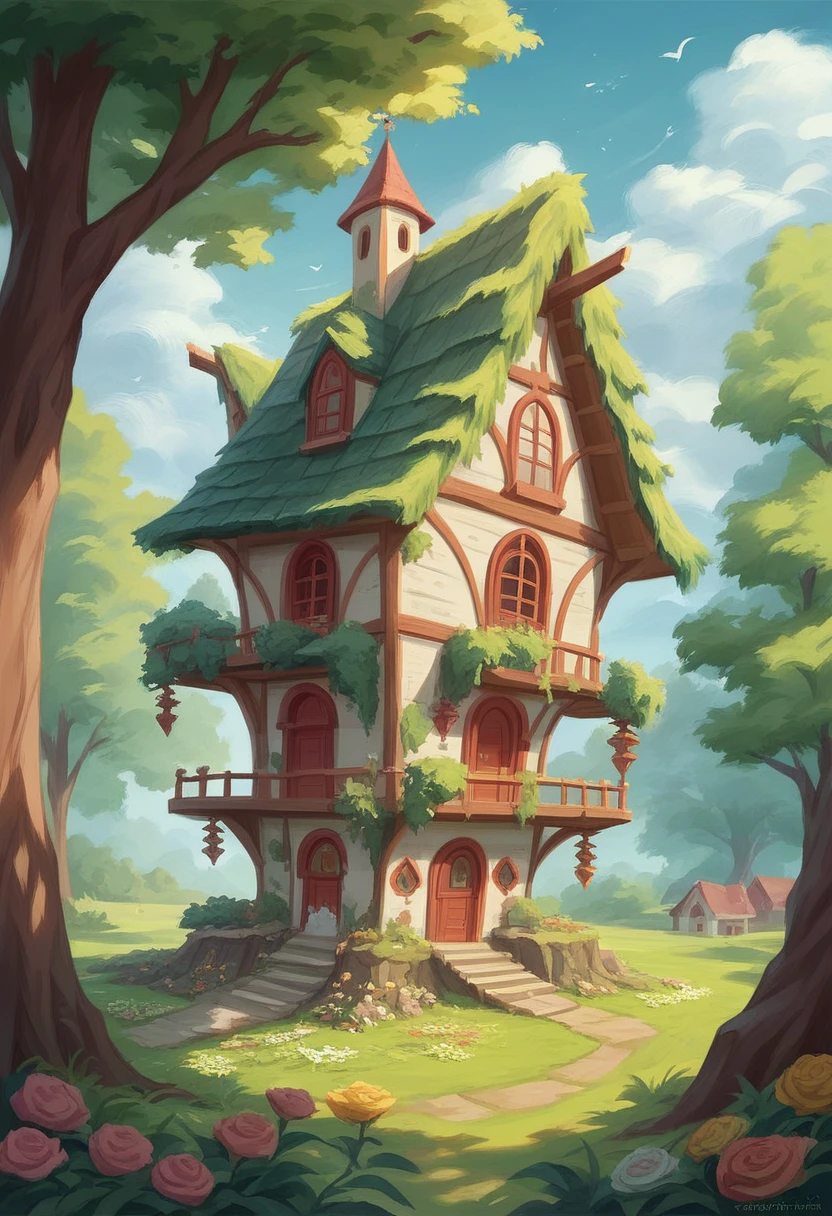 painting of a house with a tree and flowers in front, flower hut, fantasy house, kinkade shots, Kerem's pairing, full of colors and rich details, andy park, whimsical art, intricate oil painting illustrations, intricate beautiful painting, whimsical fantasy landscape art, very detailed painting of antiquity, intricate fantasy painting, by Andrei Riabovichev