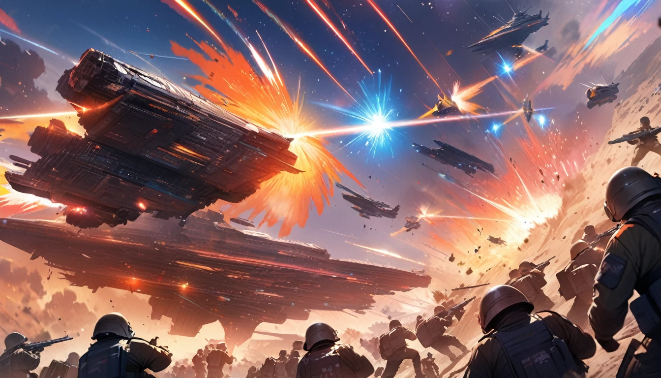 A space war with thousands of soldiers fighting, Masterpiece, Best Quality, super detailed and vivid colors.