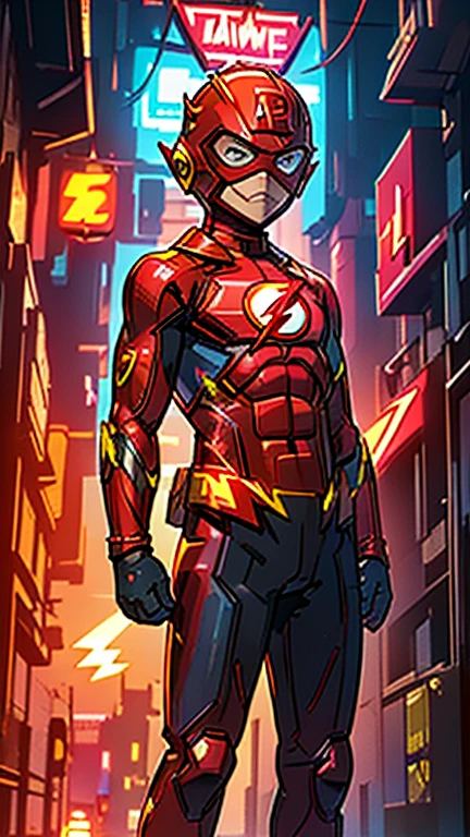 best quality,masterpiece,1boy,solo,(((13years old))),japanese boy,an extremely cute and handsome boy,highly detailed beautiful face and eyes,petit,cute face,lovely face,baby face,shy smile,show teeth, Blonde hair,Short hair,flat chest,skinny,slender,(((wearing a The Flash costume, Red superhero helmet, Red superhero mask))),(((standing in Dark Midnight Neon Glow light Cyberpunk metropolis city))),he is looking at the viewer,