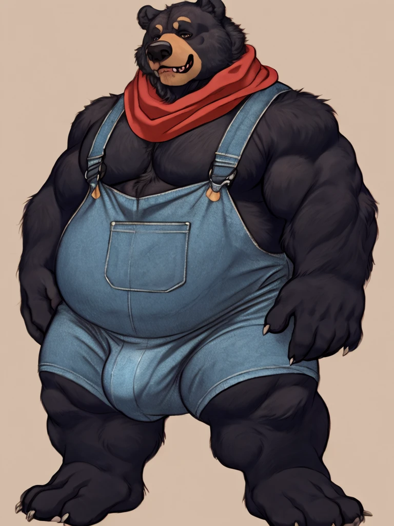 antro( by the little bear :old bear_rusty), red scarf, (Old bear with hacha ), old daddy , obese and muscular , naked, simple background, ultra detailed, pose natural, (voluminous:1.3) body_sexy , standing, by honovy, correct claws in five of paws in dark , manly, Bulge, bulk, fur in brown, claws in five, blue overalls, hacha, nice nose_dark brown 