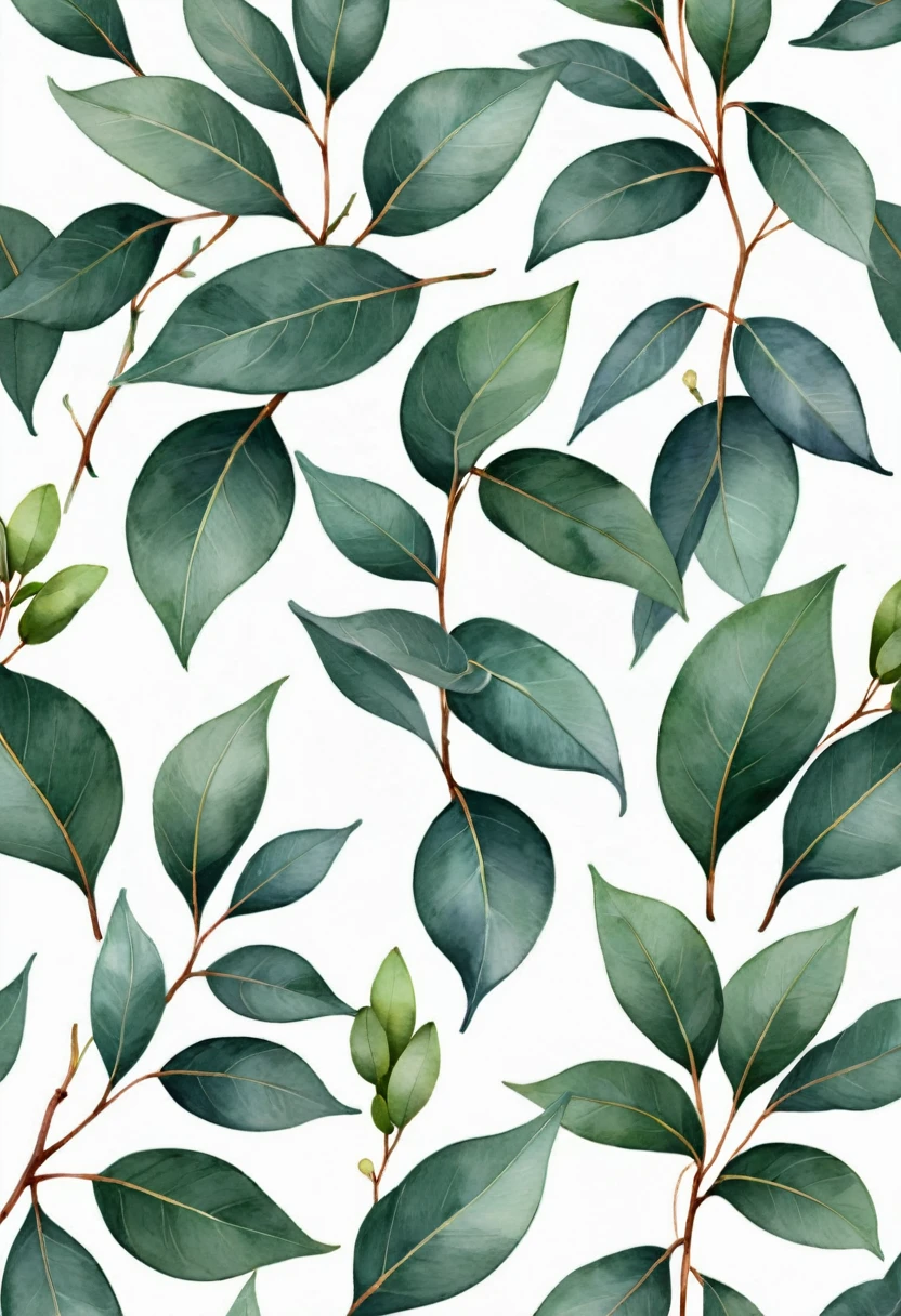 watercolor seamless pattern with green eucalyptus leaves on white background, eucalyptus, Plant Background, Plant Pattern, Plants all over, Plant leaves, eucalyptus forest background, Subtle Pattern, Plant Prints, Exquisite pattern, Small, dense, intricate vines, Beautiful high resolution, branches and foliage, Seamless pattern design, Floral Pattern, Flower Wallpaper, Repeating pattern, woody foliage, Repeating Pattern, A lot of leaves