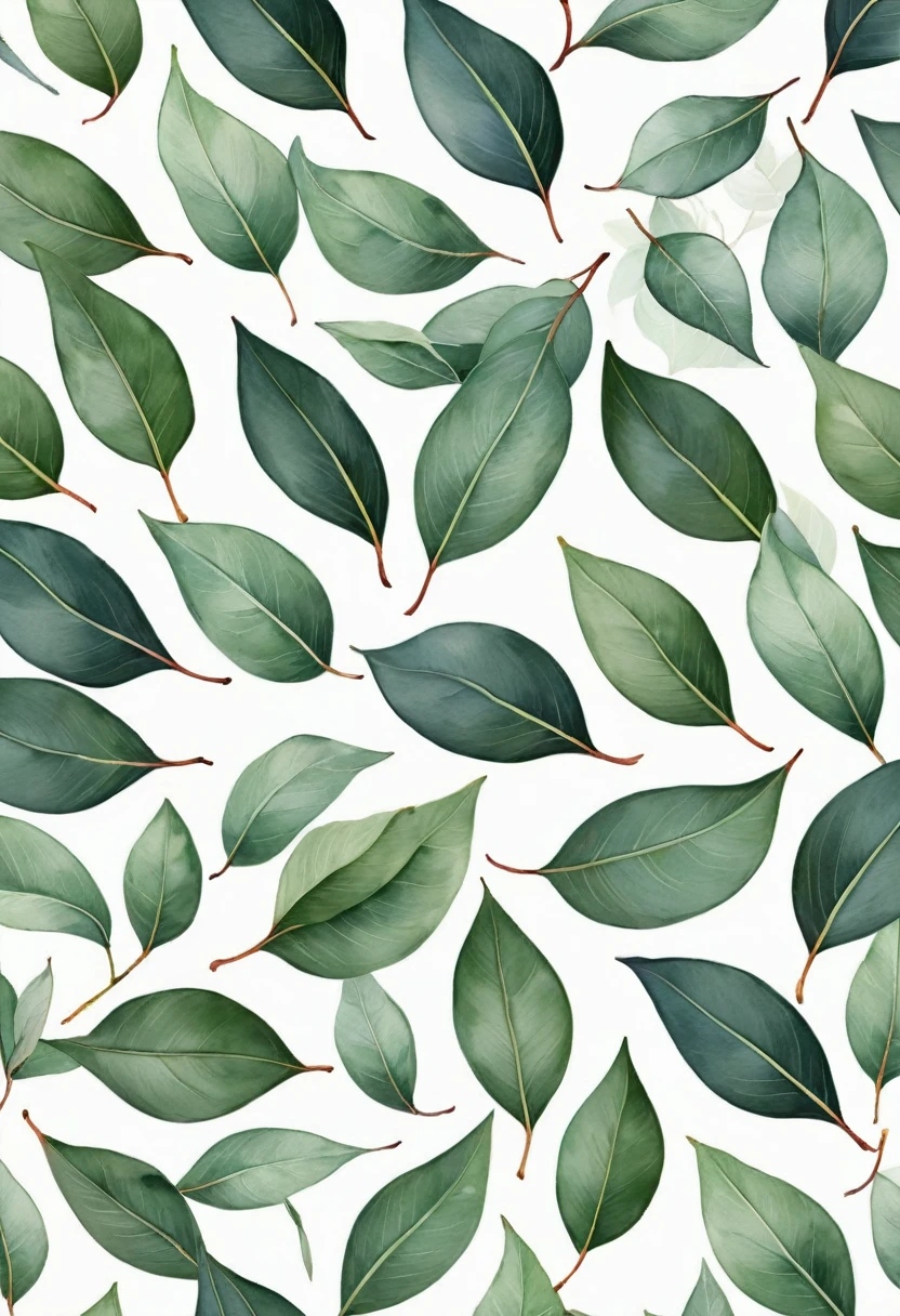 watercolor seamless pattern with green eucalyptus leaves on white background, eucalyptus, Plant Background, Plant Pattern, Plants all over, Plant leaves, eucalyptus forest background, Subtle Pattern, Plant Prints, Exquisite pattern, Small, dense, intricate vines, Beautiful high resolution, branches and foliage, Seamless pattern design, Floral Pattern, Flower Wallpaper, Repeating pattern, woody foliage, Repeating Pattern, A lot of leaves