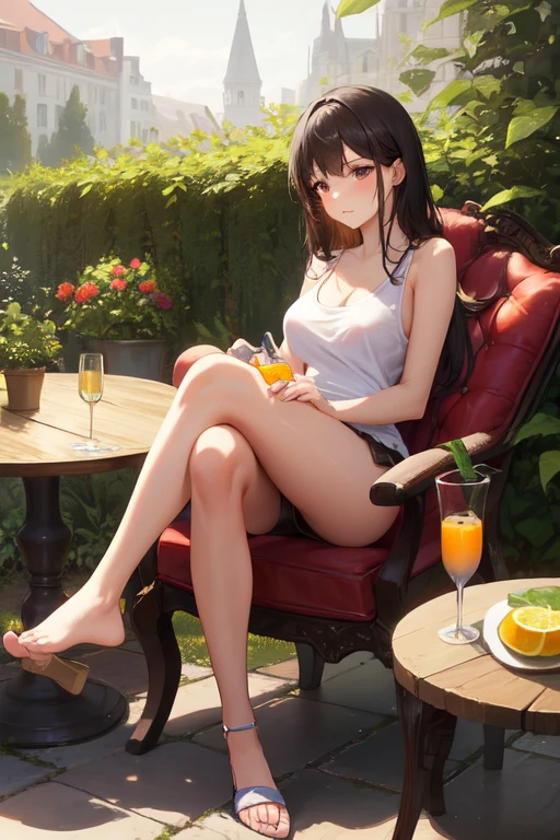 creates a 25-year-old woman sitting with her feet crossed holding a glass of orange juice wearing a brown leather miniskirt and a white tank top in a garden passage with tables and chairs