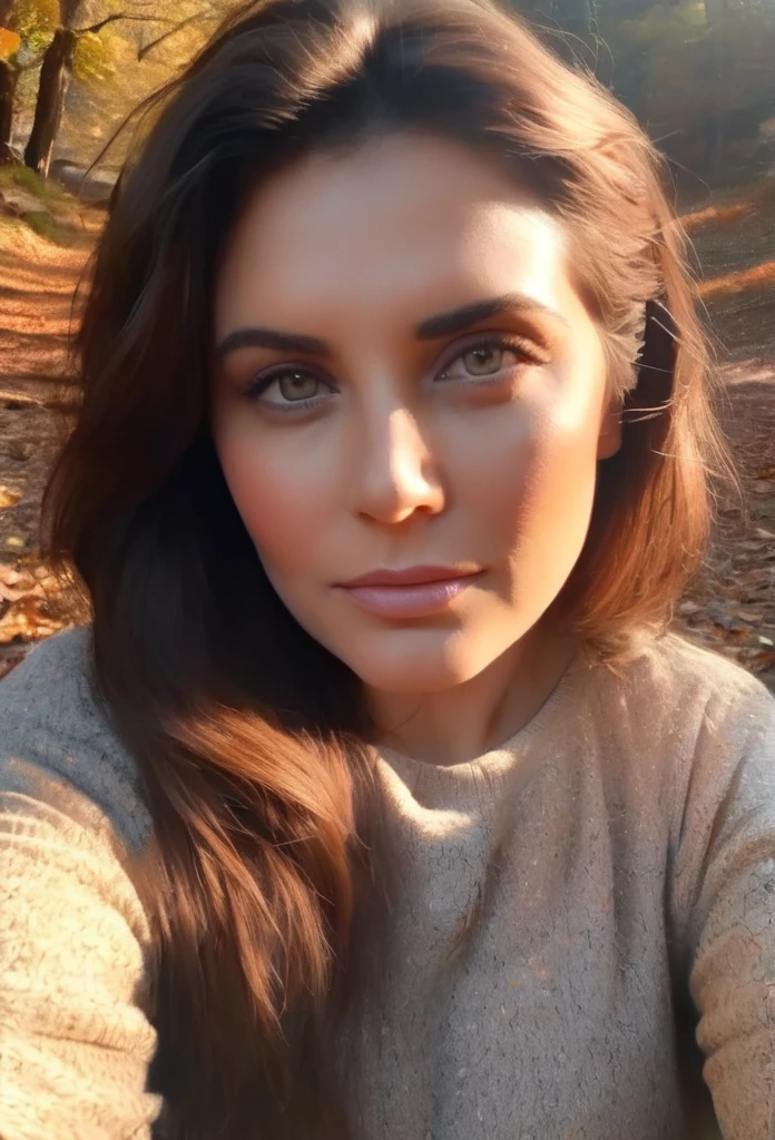 1 brunette woman ((selfie)), (beautiful detailed bright eyes:1.2) masterpiece, best quality, ultra-detailed, outdoor, (night), mountains, nature, (stars, moon), sweater, lantern, forest, stones, river, campfire, wood, smoke, shadows, contrast, clear sky, style, (warm hue, warm tone), best illumination, (best shadow, an extremely delicate and beautiful, bloom, iridescent), shimmering, glowing, realistic:1.3, cinematic lighting:1.2, ultra photoreal, photorealistic:1.0,