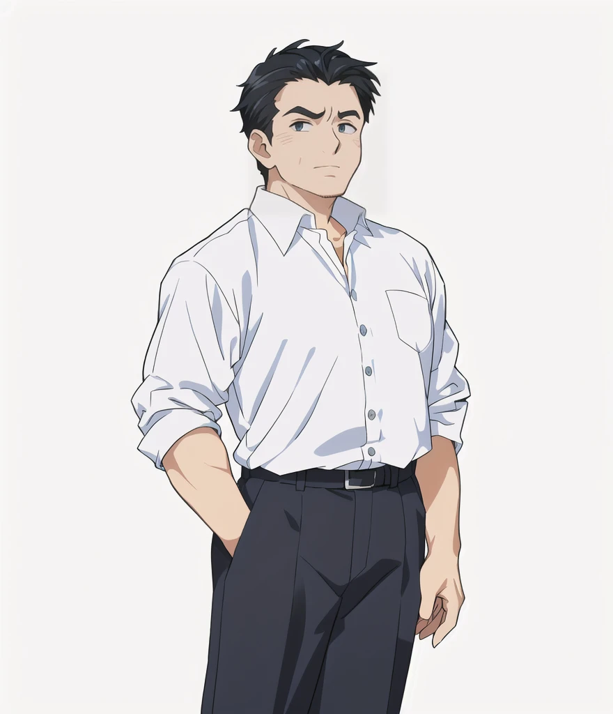 Highest quality, high resolution, High quality anime art style, Official Art, Smooth anime CG art, Stylized anime, Visual Novel Sprites, White background, whole body, Anime-style 3D, Smooth anime CG art, Humanoid middle-aged man, criminal, A man wearing a white shirt and grey trousers, Old face, Tough-faced man, Deeply carved face, Long face, Short Hair, Black Hair, Crew cut, Slanted Eyes, Slightly open eyes, Muscular, 50 years old,
