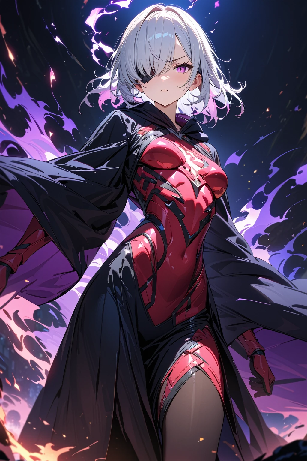 (masterpiece, best quality:1.5), (ultra detailed, high resolution, 8k, beautiful detailed, UHD, best anatomy), white hair, flat breasts, 1 cool girl, Background is red and blue flame effects, Jet black robe, Purple fiery aura over one eye, standing, night, Serious expression