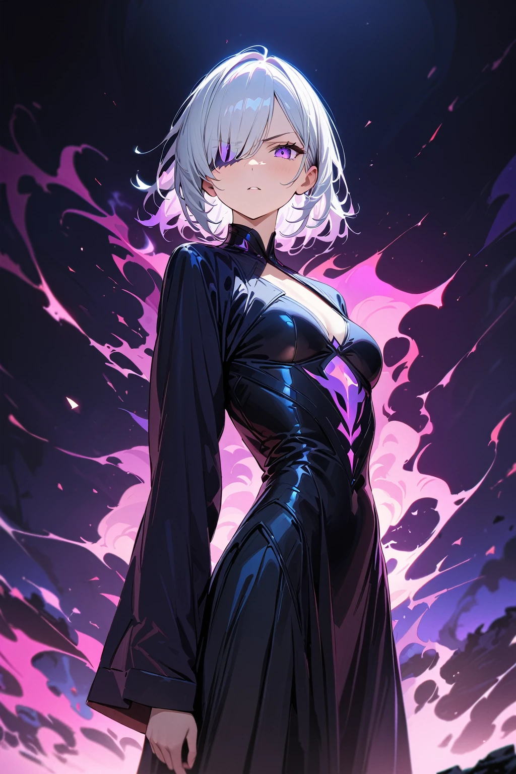 (masterpiece, best quality:1.5), (ultra detailed, high resolution, 8k, beautiful detailed, UHD, best anatomy), white hair, flat breasts, 1 cool girl, Background is red and blue flame effects, Jet black robe, Purple fiery aura over one eye, standing, night, Serious expression
