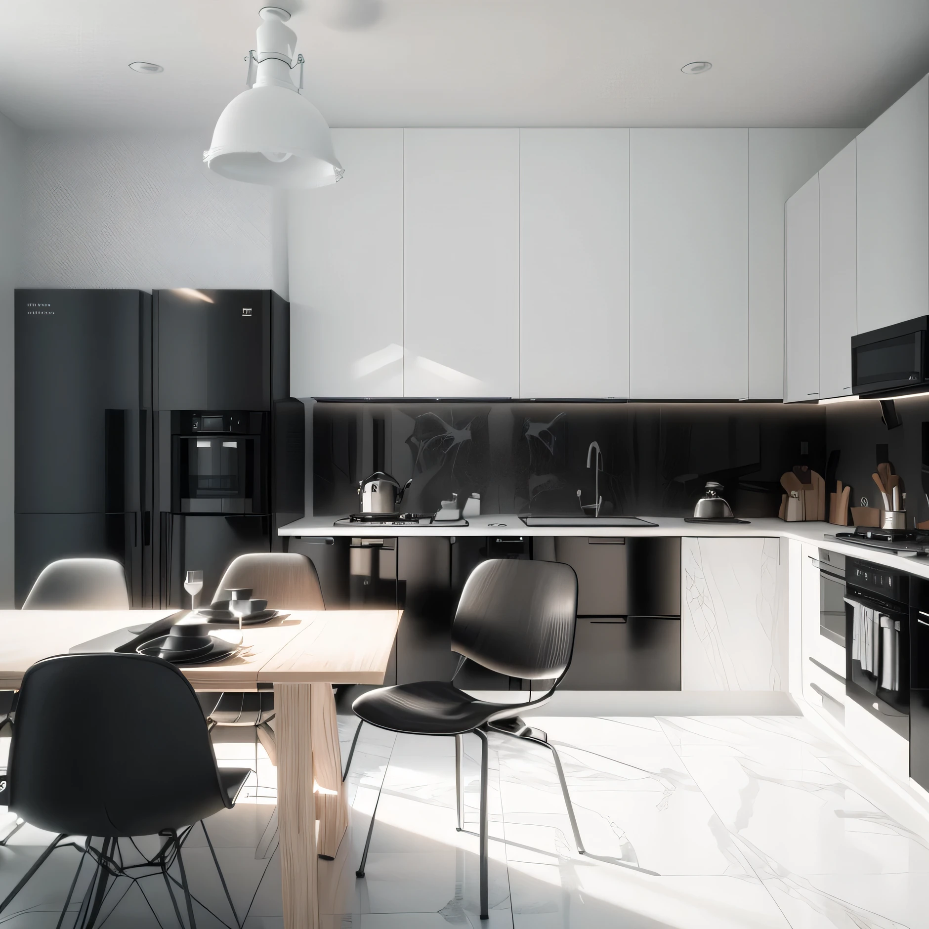 there is a black and white photo of a kitchen with a table and chairs, 3 d vray render, render vray, vray render, minimal kitchen, render in vray, minimal modern, vray render 4 k, vray rendering, vray render 4k, with vray, vray rendered, stuning 3 d render