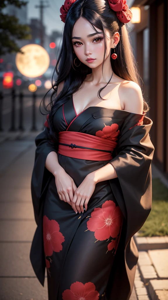 A highly detailed 8k image of a woman with long black hair, characterized by its silky texture. She has brown eyes adorned with red eyeshadow and a small beauty mark under her left eye. Her cheeks have a light blush, and she wears rouge lipstick. The woman is dressed in a black yukata with polka dot patterns and a red obi, with her shoulders slightly exposed. She has earrings on her ears. The scene is set in the twilight, with the moon peeking through. The lighting is reminiscent of a movie scene.