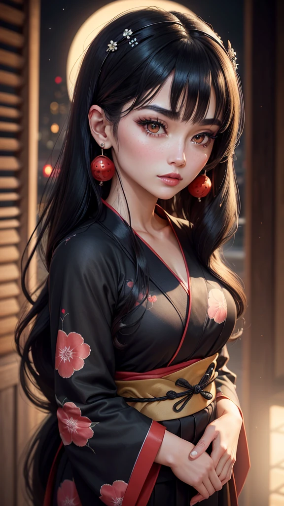 A highly detailed 8k image of a woman with long black hair, characterized by its silky texture. She has brown eyes adorned with red eyeshadow and a small beauty mark under her left eye. Her cheeks have a light blush, and she wears rouge lipstick. The woman is dressed in a black yukata with polka dot patterns and a red obi, with her shoulders slightly exposed. She has earrings on her ears. The scene is set in the twilight, with the moon peeking through. The lighting is reminiscent of a movie scene.