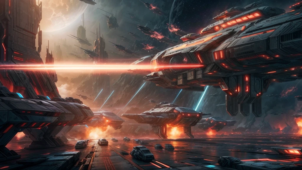 Epic sci-fi space battle scenes, alien spaceships, many small craft launching from large ships, phaser beams firing, attacking Earth's cities, people fleeing, dramatic lighting, cinematic angles, complex machinery, glowing energy fields, metallic textures, dramatic camera angles, epic scale, highly detailed, photorealistic, 8k, award-winning sci-fi concept art, moody color palette,
