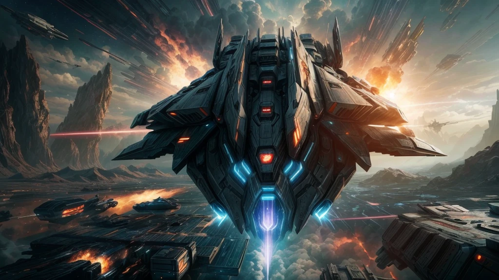 Epic sci-fi space battle scenes, alien spaceships, attacking a space base, many smaller craft launching from a larger ship, phaser beams, huge explosions, elaborate futuristic spaceships, advanced alien technology, intense space combat, dramatic lighting, cinematic angles, complex machinery, glowing energy fields, metallic textures, dramatic camera angles, epic scale, highly detailed, photorealistic, 8k, award-winning sci-fi concept art, moody color palette,