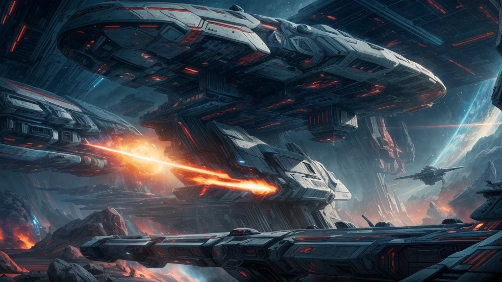 Epic sci-fi space battle scenes, alien spaceships, attacking a space base, many smaller craft launching from a larger ship, phaser beams, huge explosions, elaborate futuristic spaceships, advanced alien technology, intense space combat, dramatic lighting, cinematic angles, complex machinery, glowing energy fields, metallic textures, dramatic camera angles, epic scale, highly detailed, photorealistic, 8k, award-winning sci-fi concept art, moody color palette,