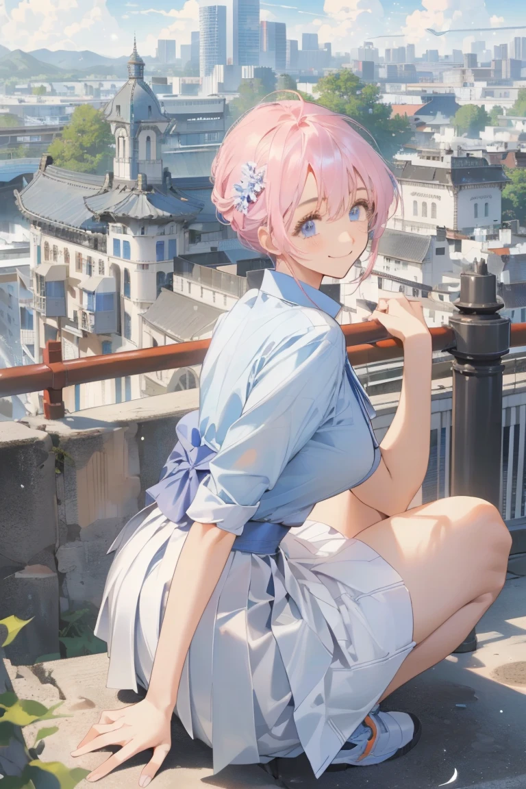Official Art, masterpiece, Clear focus, (Beautiful, gorgeous and lovely Korean woman:1.3), (Beautiful and cute Korean:1.3), Korean beauty, Exquisite and beautiful hair、Eyes and face, Practical, Extremely detailed, beautiful girl, Blue sky, Glowing white particles, (Side Light:1.2), Sunlight, White Cloud, Detailed clouds, slim, Very cute big and big butt, Smile with teeth bared, ((Smile with your eyes, Open your eyes)), landscape, Long and straight hair, Sexy facial expressions, architecture, (city View:1.7), Dynamic Hair, Long and straight hair, Detailed platinum pink hair, Blue eyes, (Blue Pleated Shirt + White skirt), White socks, Pale skin, Hair accessories, epic landscape,