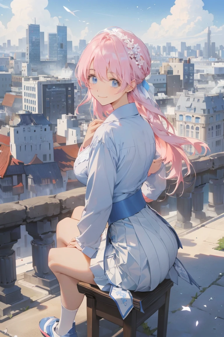 Official Art, masterpiece, Clear focus, (Beautiful, gorgeous and lovely Korean woman:1.3), (Beautiful and cute Korean:1.3), Korean beauty, Exquisite and beautiful hair、Eyes and face, Practical, Extremely detailed, beautiful girl, Blue sky, Glowing white particles, (Side Light:1.2), Sunlight, White Cloud, Detailed clouds, slim, Very cute big  and big butt, Smile with teeth bared, ((Smile with your eyes, Open your eyes)), landscape, Long and straight hair, Sexy facial expressions, architecture, (city View:1.7), Dynamic Hair, Long and straight hair, Detailed platinum pink hair, Blue eyes, (Blue Pleated Shirt + White skirt), White socks, Pale skin, Hair accessories, epic landscape,