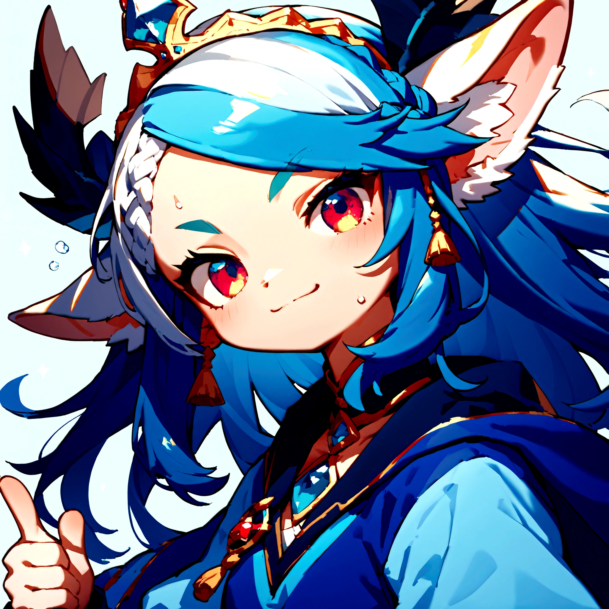 score_9, score_8_up, score_7_up, score_6_up, score_5_up, score_4_up,source_anime, source_furry,rating_safe,rating_questionable, BREAK ,1girl,crown braid hair,blue and white mix hair, thumbs up,close up face and hand