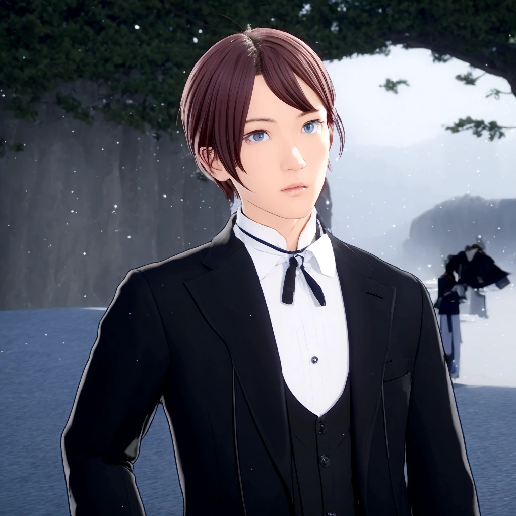 Blue Eyes、Realistic image of a man in a tuxedo standing on the street, A delicate androgynous prince, Inspired by Hisui Sugiura, Beautiful androgynous prince, inspired by Okumura Togyu, Inspired by Hiro Yamagata, inspired by Okumura Masanobu, inspired by Munakata Shikō, Inspired by Tessai Tomioka