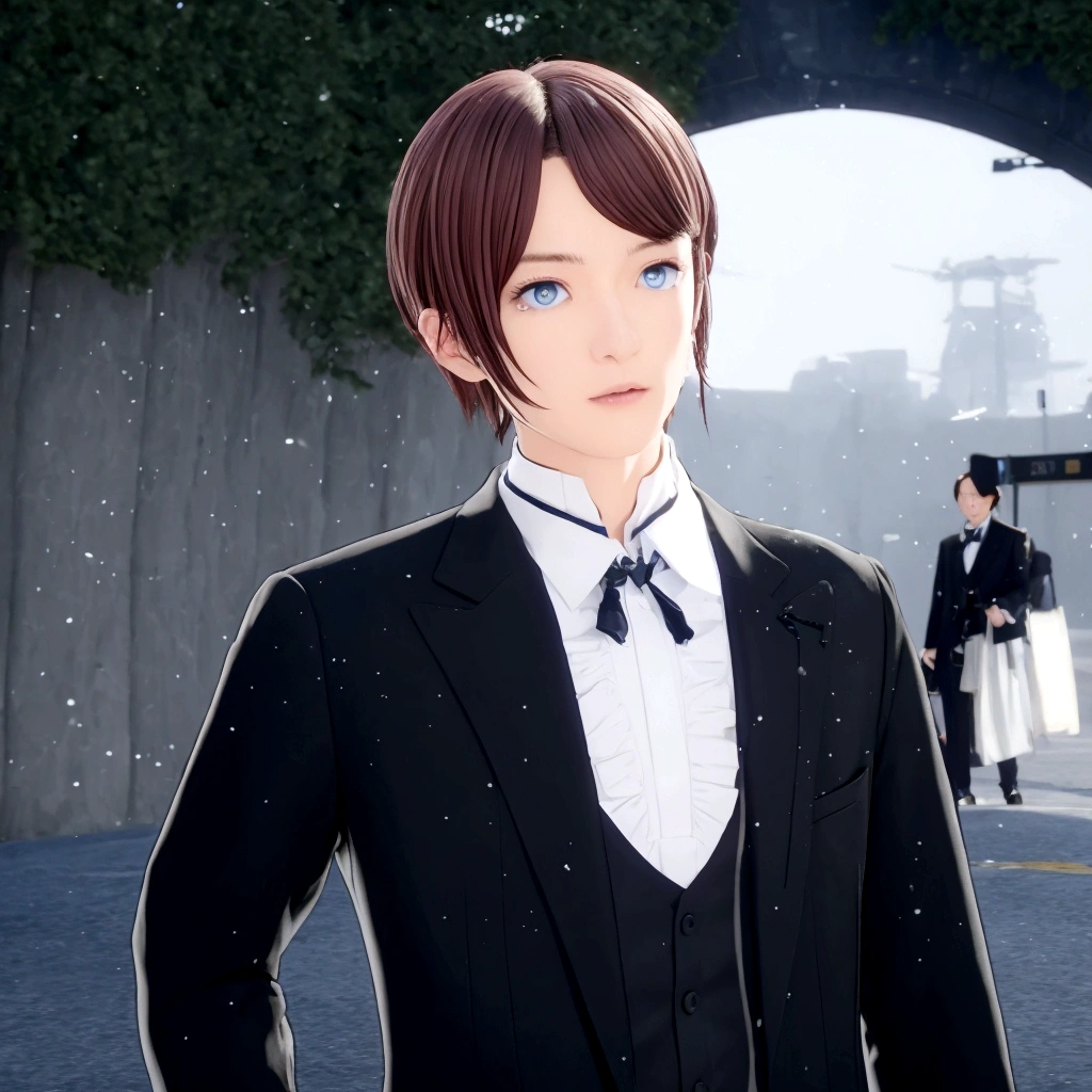 Blue Eyes、Realistic image of a man in a tuxedo standing on the street, A delicate androgynous prince, Inspired by Hisui Sugiura, Beautiful androgynous prince, inspired by Okumura Togyu, Inspired by Hiro Yamagata, inspired by Okumura Masanobu, inspired by Munakata Shikō, Inspired by Tessai Tomioka