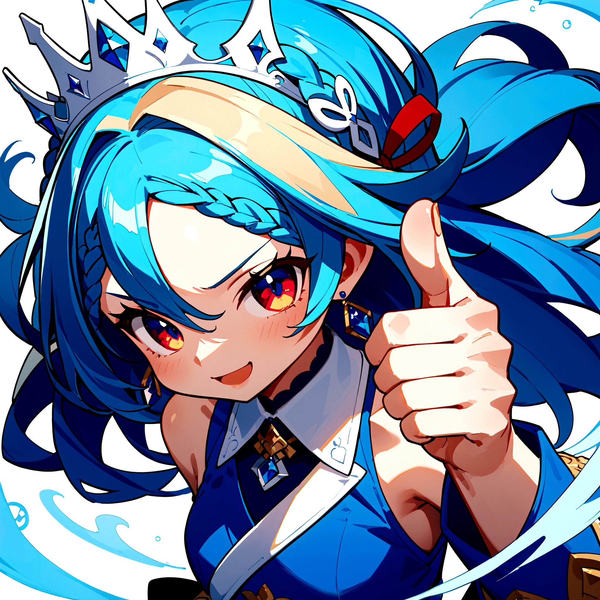 score_9, score_8_up, score_7_up, score_6_up, score_5_up, score_4_up,source_anime,rating_safe,rating_questionable,masterpiece, best quality, perfect anatomy , very aesthetic , absurdres , BREAK ,1girl,crown-braid-hair,blue and white mix hair, thumbs up,close up face and hand,white background,big hand