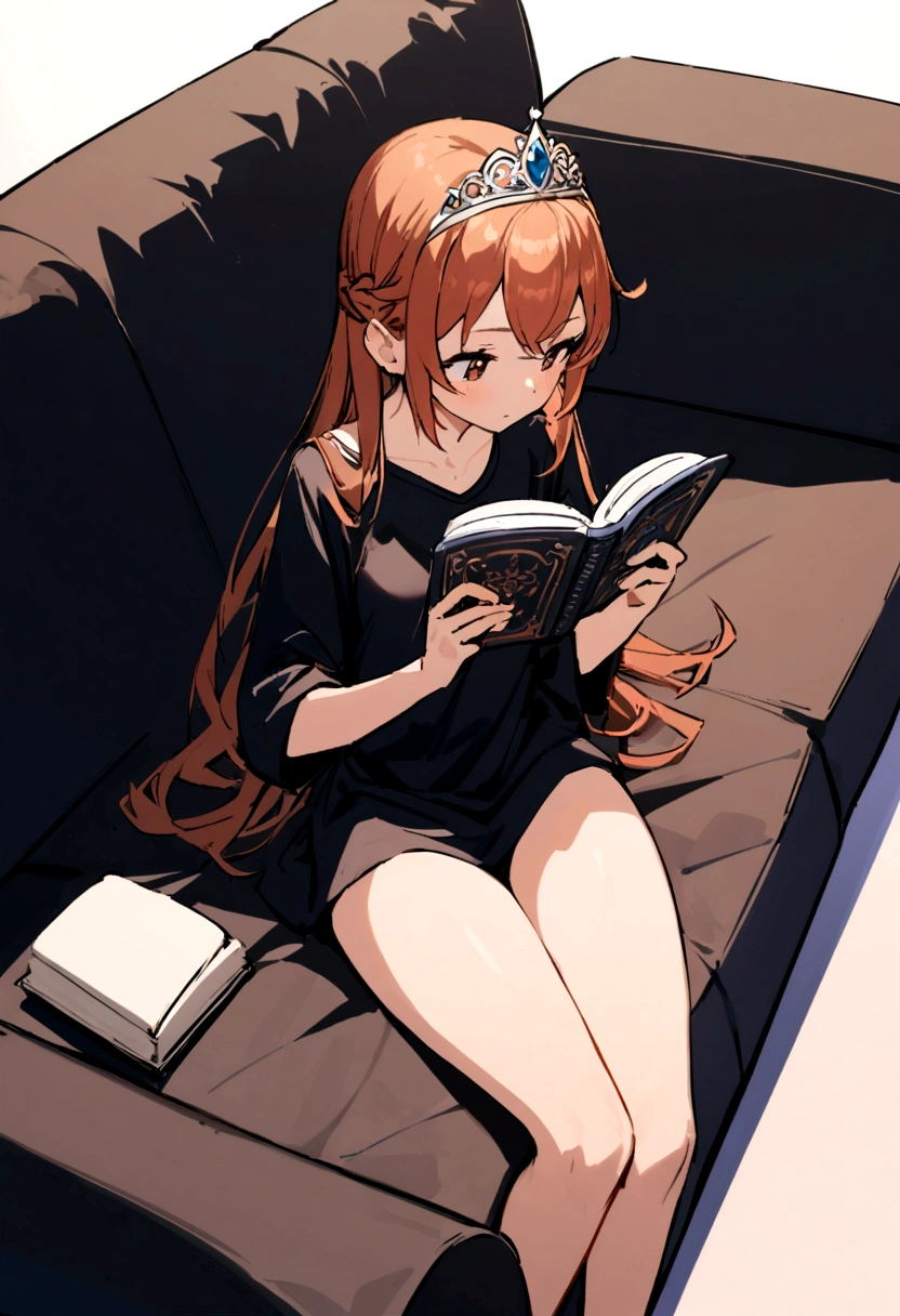 1 girl, smallbreast,russet hair , wearing a simple tiara , wearing an oversized black casual shirt that reaches his thighs,lying boldly on a sofa, reading a book .